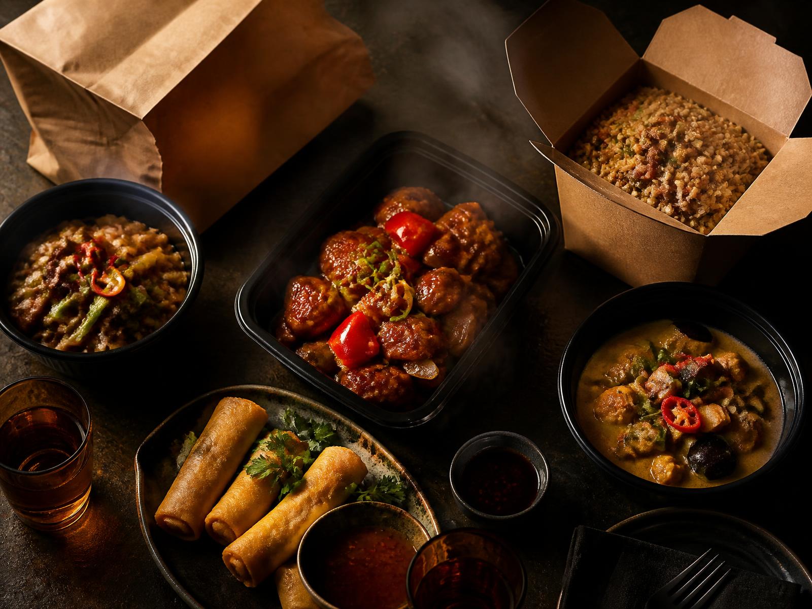 A shared takeout spread of noodles, rice and spring rolls on a dark table